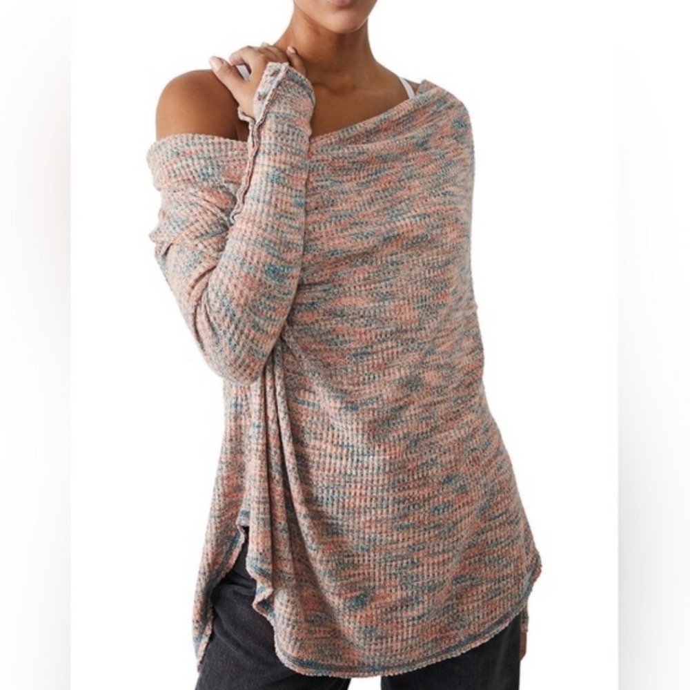 Free People Heathered Coral & Blue Cowl-Neck Long Sleeve Top